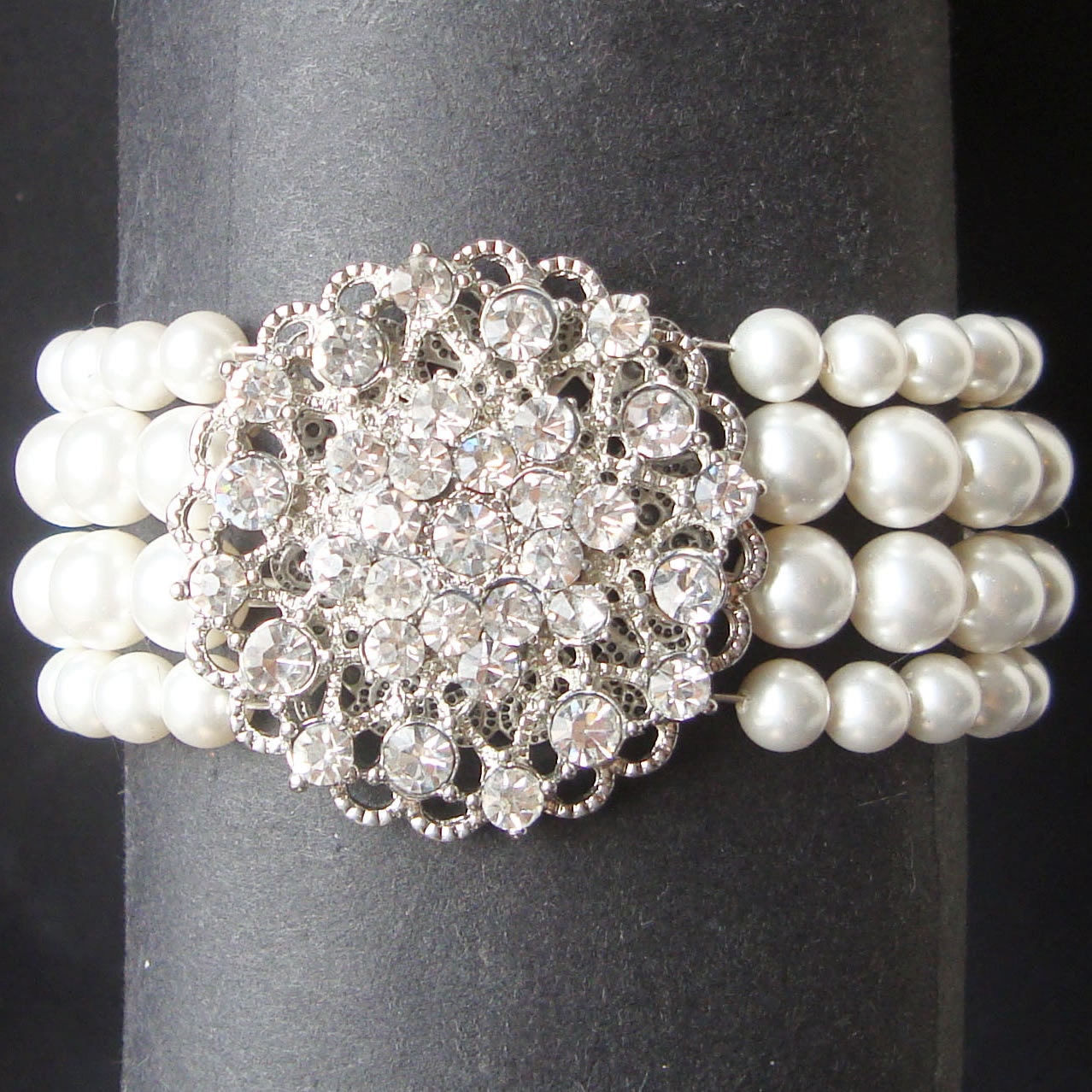 Ivory White Pearl Bridal Bracelet, Silver Filigree Rhinestone Wedding Bracelet, Vintage Style Bridal Wedding Jewelry, Pearl Cuff, Edith