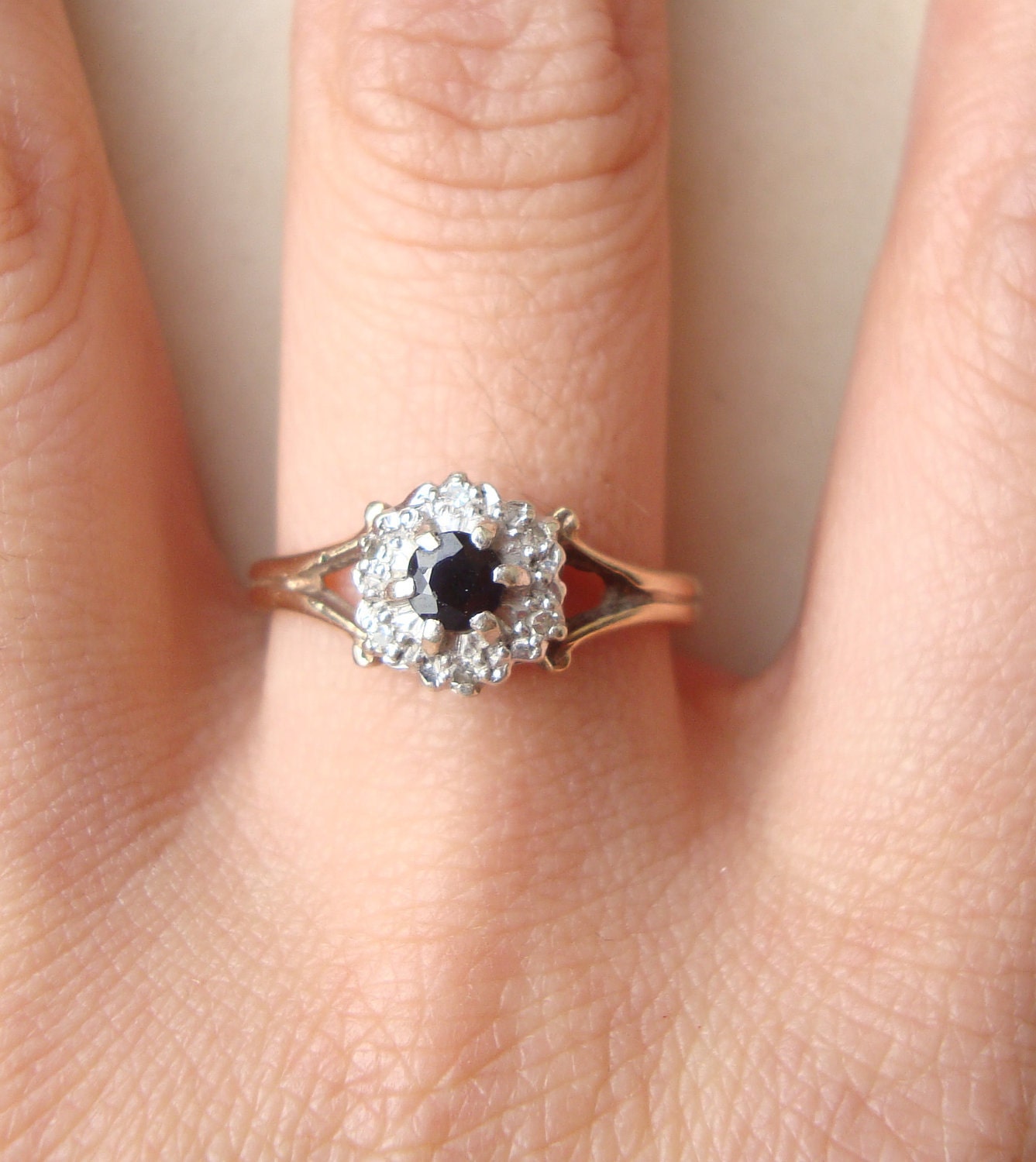 Vintage Sapphire Engagement Ring, Diamond Ring, 9k Gold Ring Size Approx. US 7.5 / 7.75