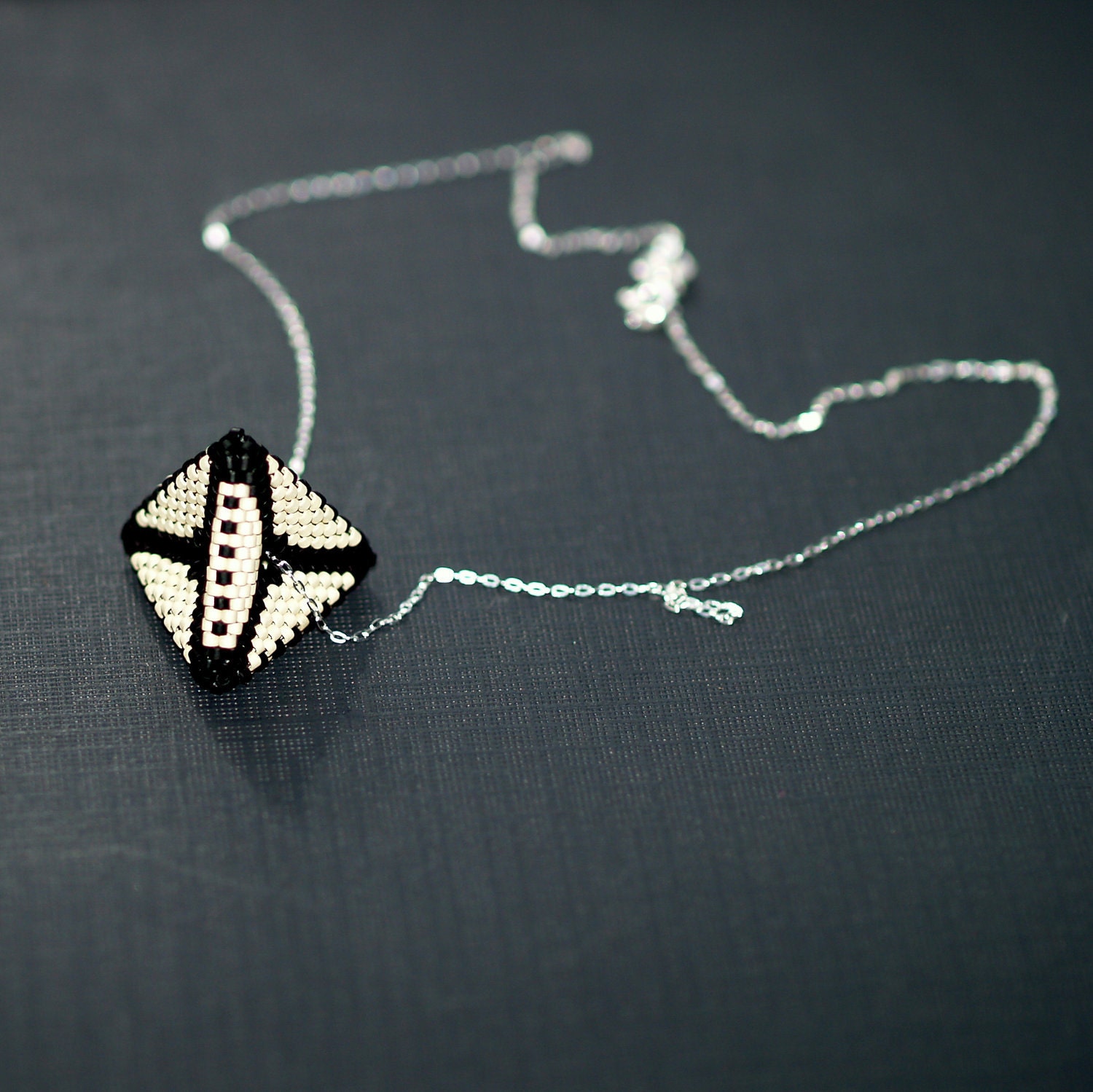 Black and Tan Pyramid ... Pendant . Necklace . Beadwoven . Sterling Silver Chain . Geometric . Triangles . Sand . Jet . Matte . Modern