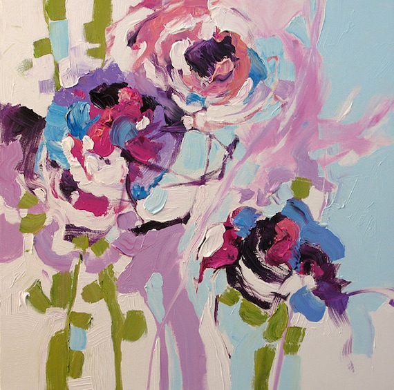 Original Painting Floral Abstract or Impressionist Art Surreal Movement Flowers Acrylic on Canvas 30x30 Violet Dreams by Linda Monfort