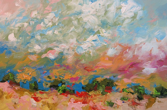 Original Painting Abstract or Impressionist Art Landscape Bright Sunset Sunrise Texture Acrylic Canvas by Linda Monfort