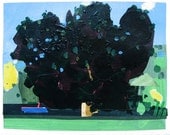 Original Landscape Collage Painting on Paper, Shade Maple