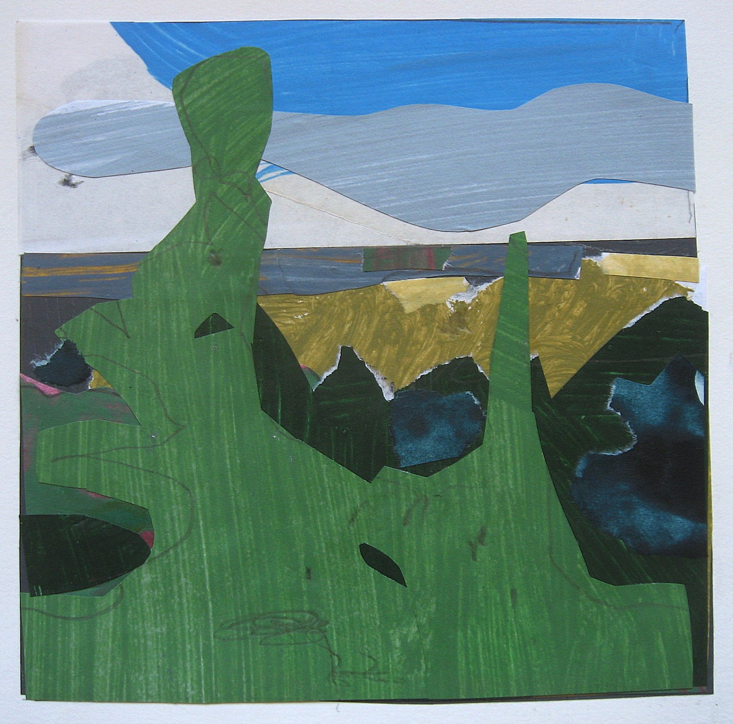 Hydro Ridge, Original Landscape Collage Painting on Paper