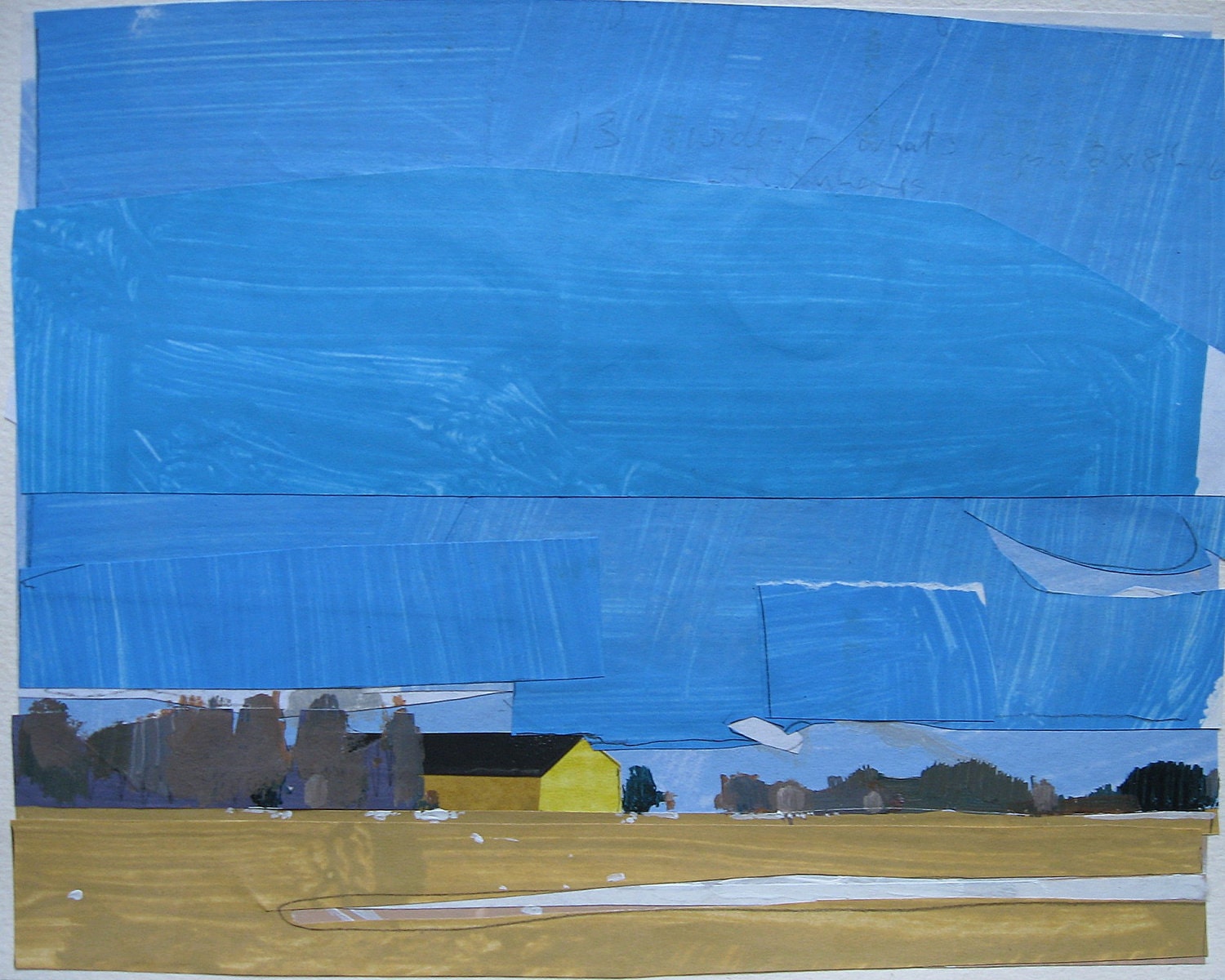 Machine Shed in Sunlight, Original Landscape Collage Painting on Paper