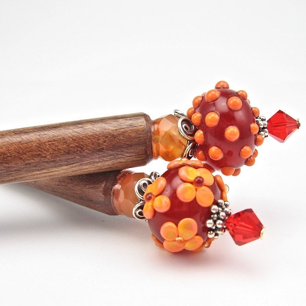 Hairsticks, Red Orange Lampwork Beads, Sterling Silver, Hair Sticks - OzmayDesigns