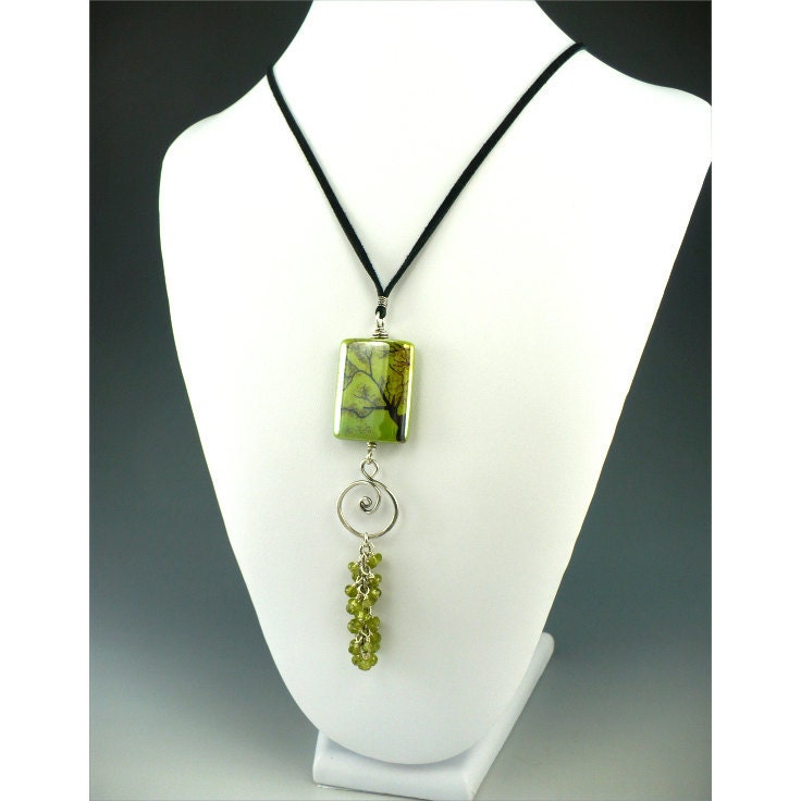 Ceramic Pendant, Peridot Gemstone Necklace, Sterling Silver Wirework