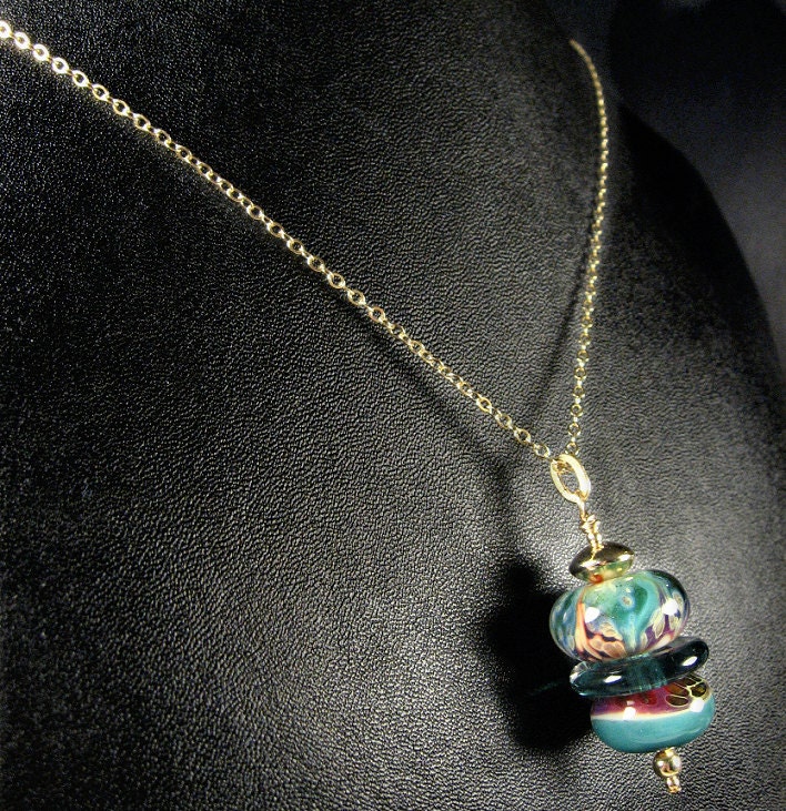 Teal and Raspberry Boro Lampwork Art Glass Necklace, Stacked Pendant, 14k Gold Fill Chain