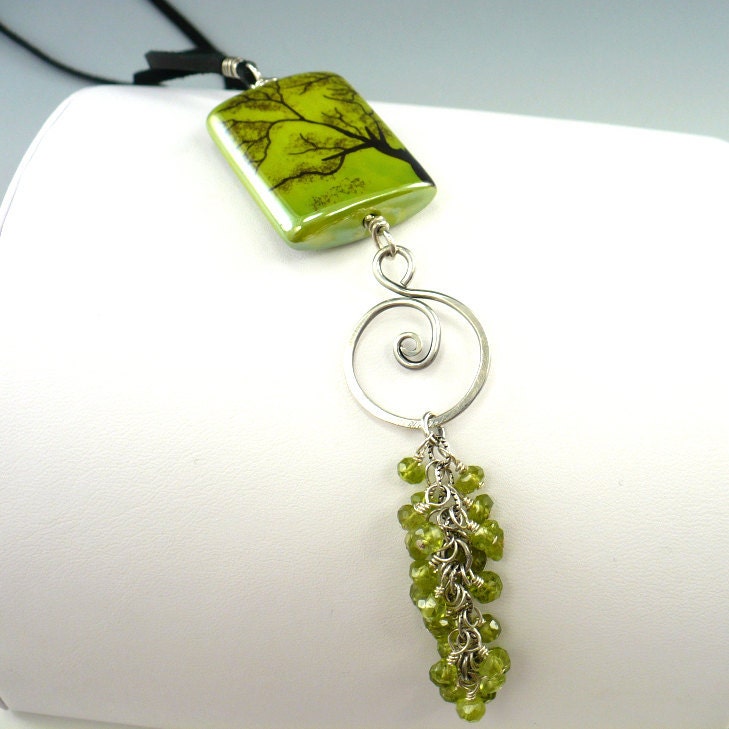 Ceramic Pendant, Peridot Gemstone Necklace, Sterling Silver Wirework