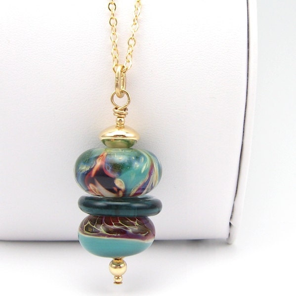 Teal and Raspberry Boro Lampwork Art Glass Necklace, Stacked Pendant, 14k Gold Fill Chain
