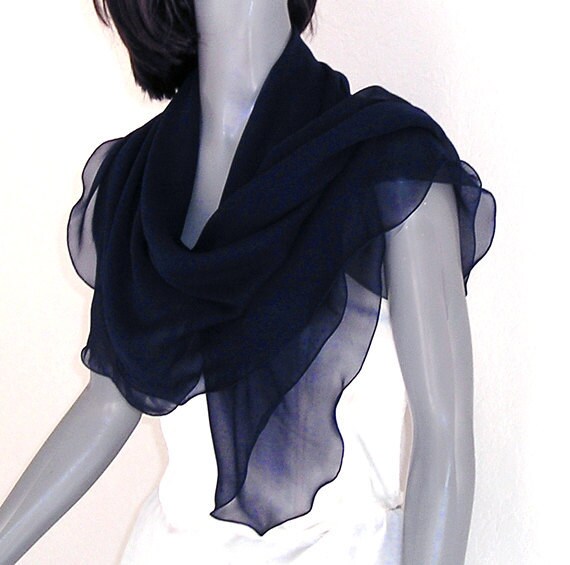 Navy Blue Square Scarf Shawl Wrap Silk Chiffon Unique By Artinsilk