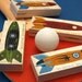 Retro Rocket Art Series Shelf Decor - set of four Mini Art Blocks - Sci Fi Art Print on Wood - Fathers Day Gift for Dad