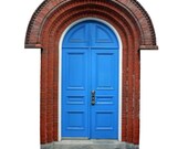 Bright Blue Fairy Door Surrounded by Brick Vinyl Wall Decal