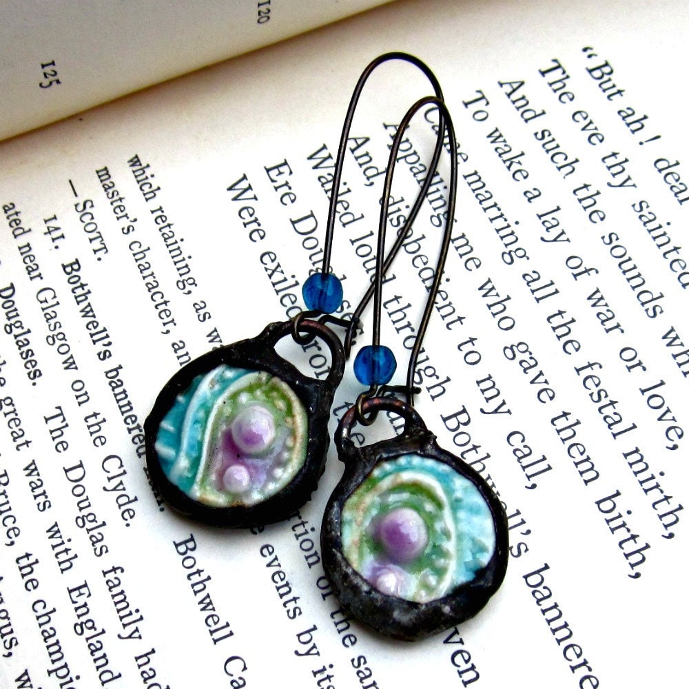 Paisley Blues Greens and Pink Ceramic Dangle Earrings