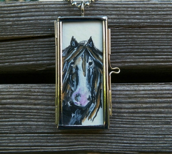 See Photo NEW Chain Horse Watercolor Painting Equine Sketch Original Art Framed Pendant Locket by Artist debra alouise