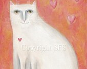 White Cat Art, Print from original painting - 8 x 10 - White Cat Print - Leon the Love Cat