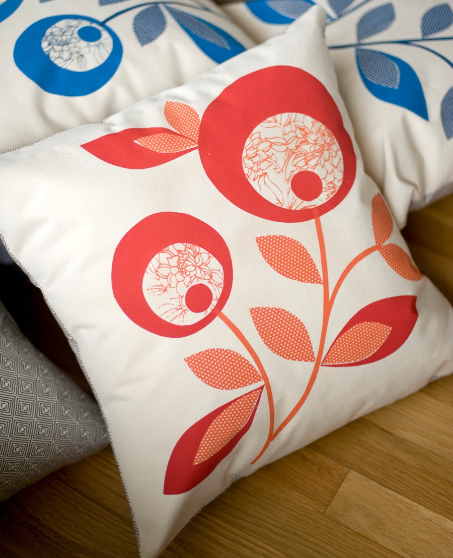 Hand Printed Cotton Canvas Pillows, Lollipop Flowers, Tangerine and Red