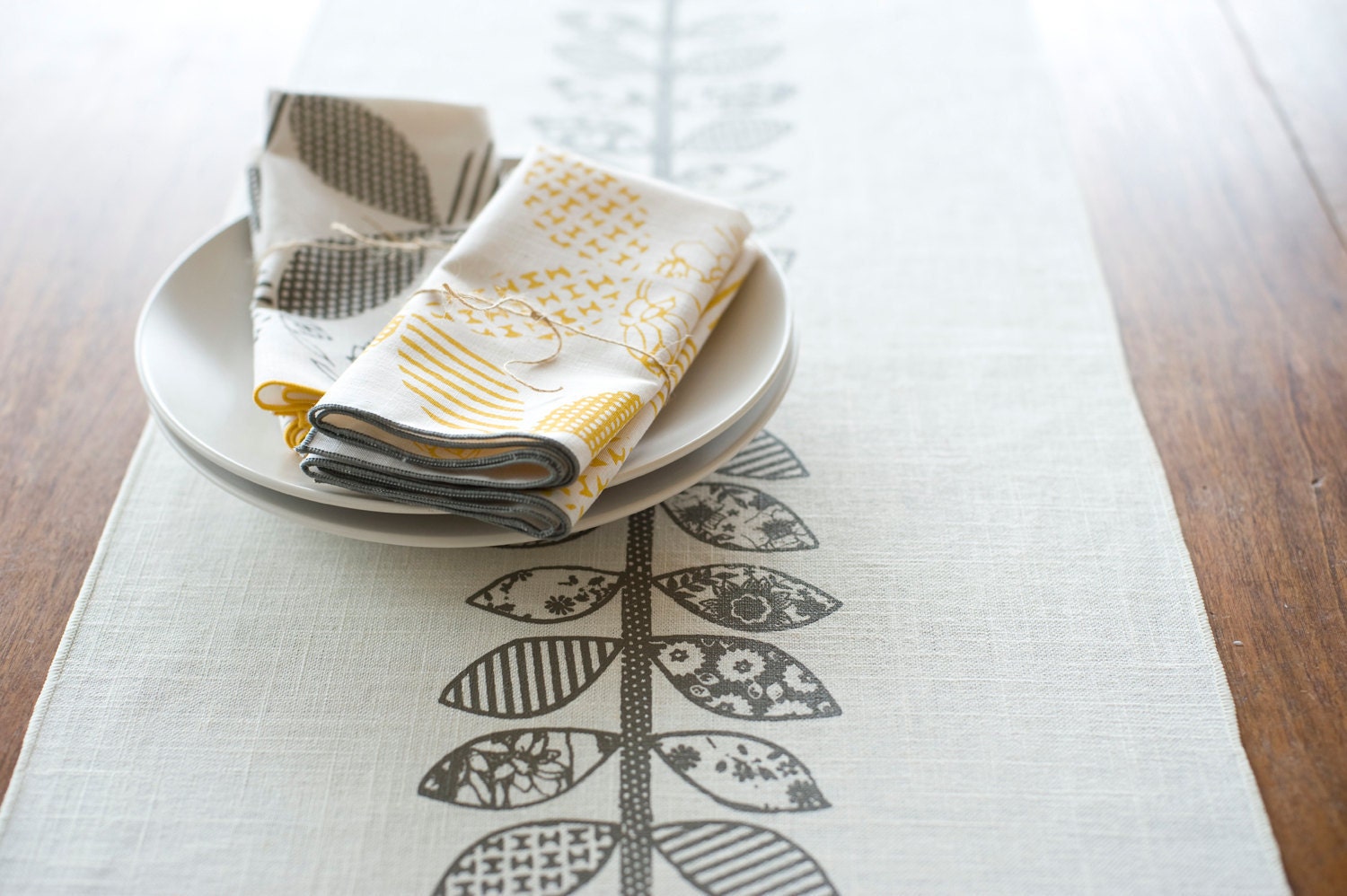 LIMITED EDITION Gray Double Vine Hand Printed Table Runner, White Linen SECOND