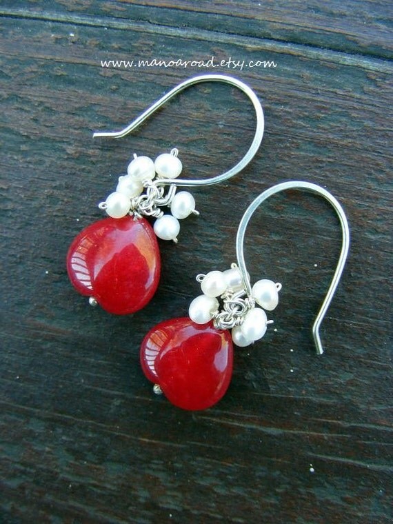 Ruby Red Earrings - Red Jade, White Freshwater Pearls, Sterling Silver