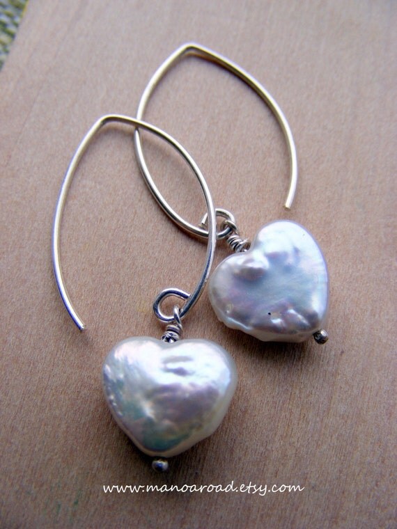 Be Mine Earrings - Freshwater Pearl Hearts, Sterling Silver Wishbone Hoops