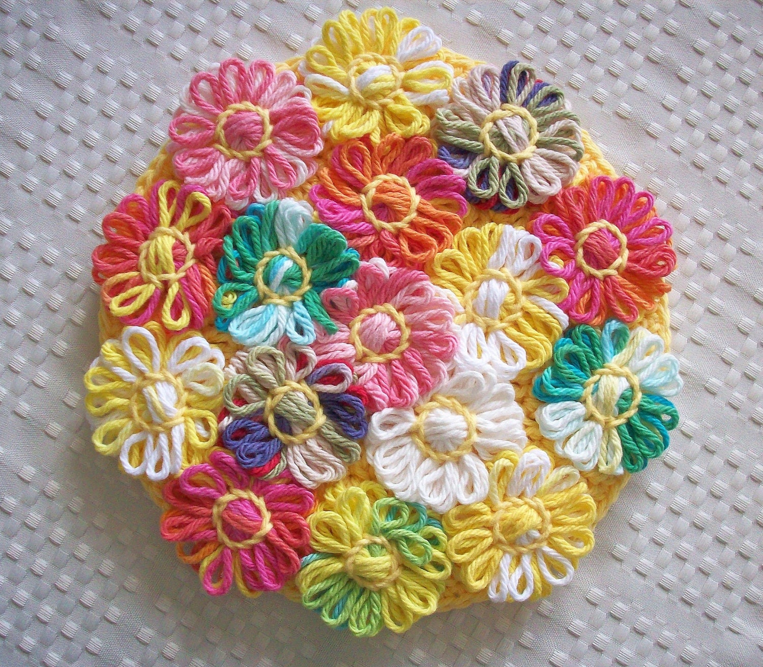 Field of Flowers Springtime Triple Thick 8" Crocheted Cotton Hot Pad Trivet
