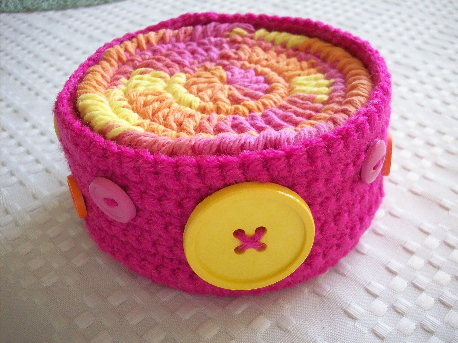 Sale - Save 50 Percent - Set of Six Cotton Coasters, Mug Rugs or Scrubbies in a Coordinating Crocheted Container - Pink, Yellow and Orange