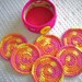 Sale - Save 50 Percent - Set of Six Cotton Coasters, Mug Rugs or Scrubbies in a Coordinating Crocheted Container - Pink, Yellow and Orange