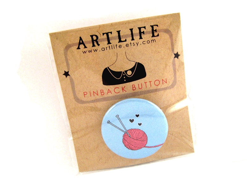 Pinback button badge - Knitting Love  - PACKAGED - Inexpensive Fun Gift