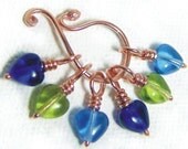 Blue On the Vine - Heart Stitch Markers  - Set of 6 - Includes Copper Marker Keeper