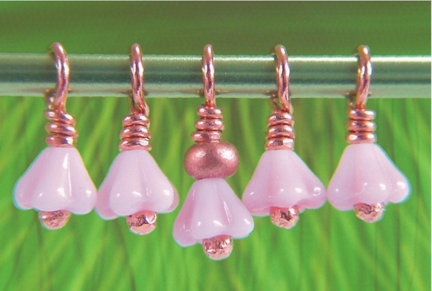 TINY PINK - Copper Stitch Markers with Czech Glass - Set of 5 - Perfect for Sock Knitters