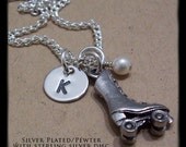 Personalized Necklace - Hand Stamped Jewelry - Roller Skate Charm Necklace - Personalized Initial Disc - Birthstone - Pewter, Silver Plated
