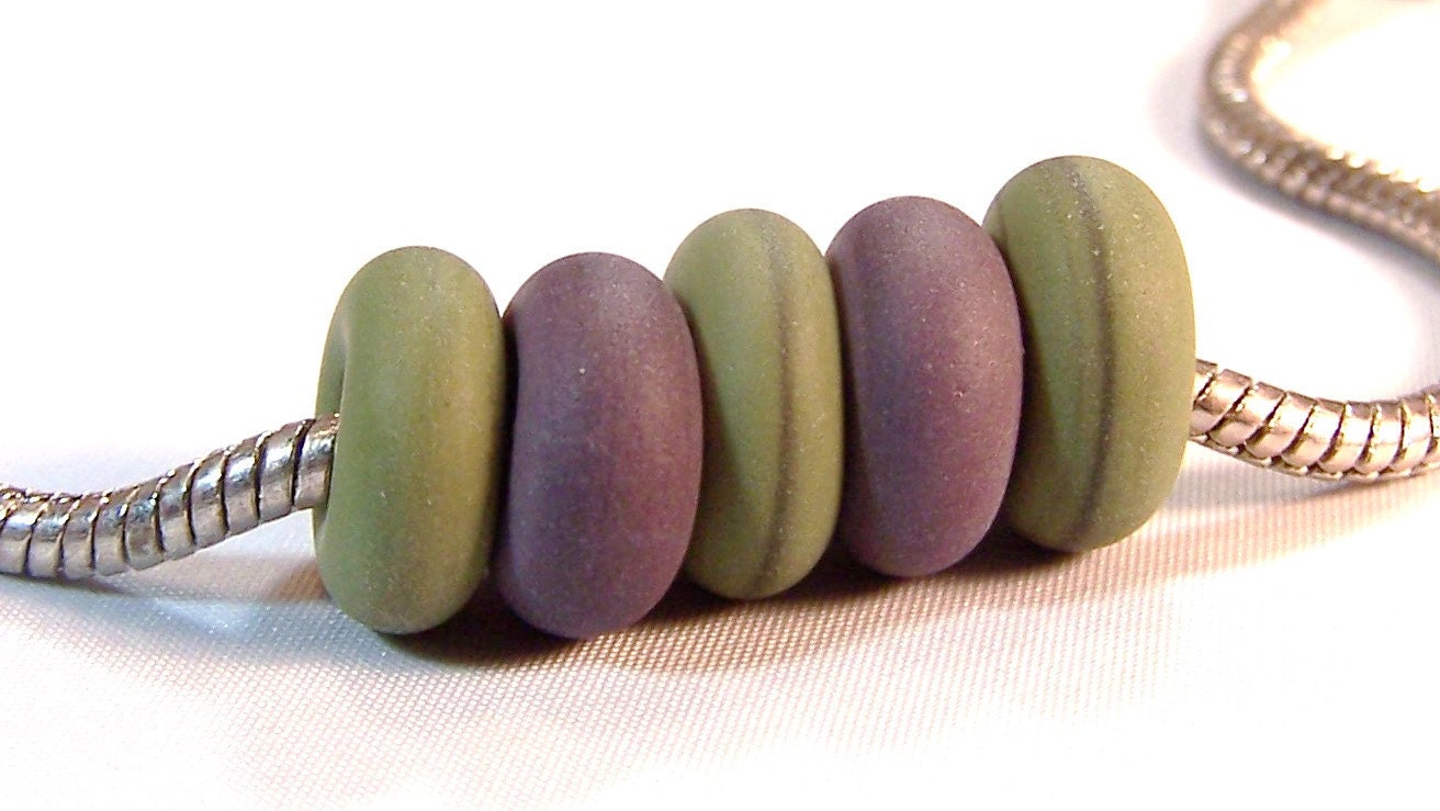 Matte Olive and Plum - Handmade Lampwork European Charm Bead Sliders - Set of 5
