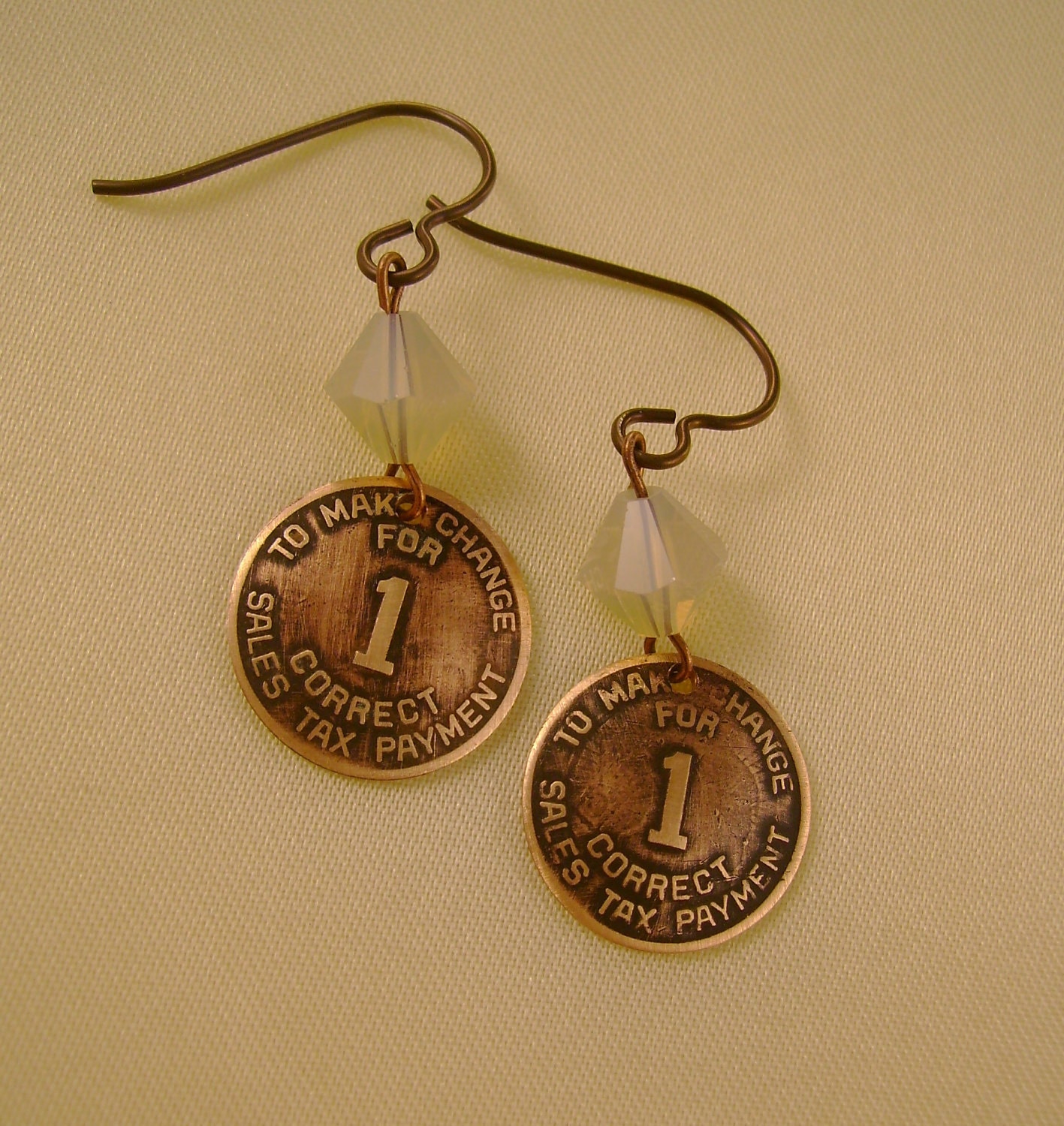Taxing Arizona - Antique Arizona Copper Tax Token Sand Opal Niobium Recycled Earrings