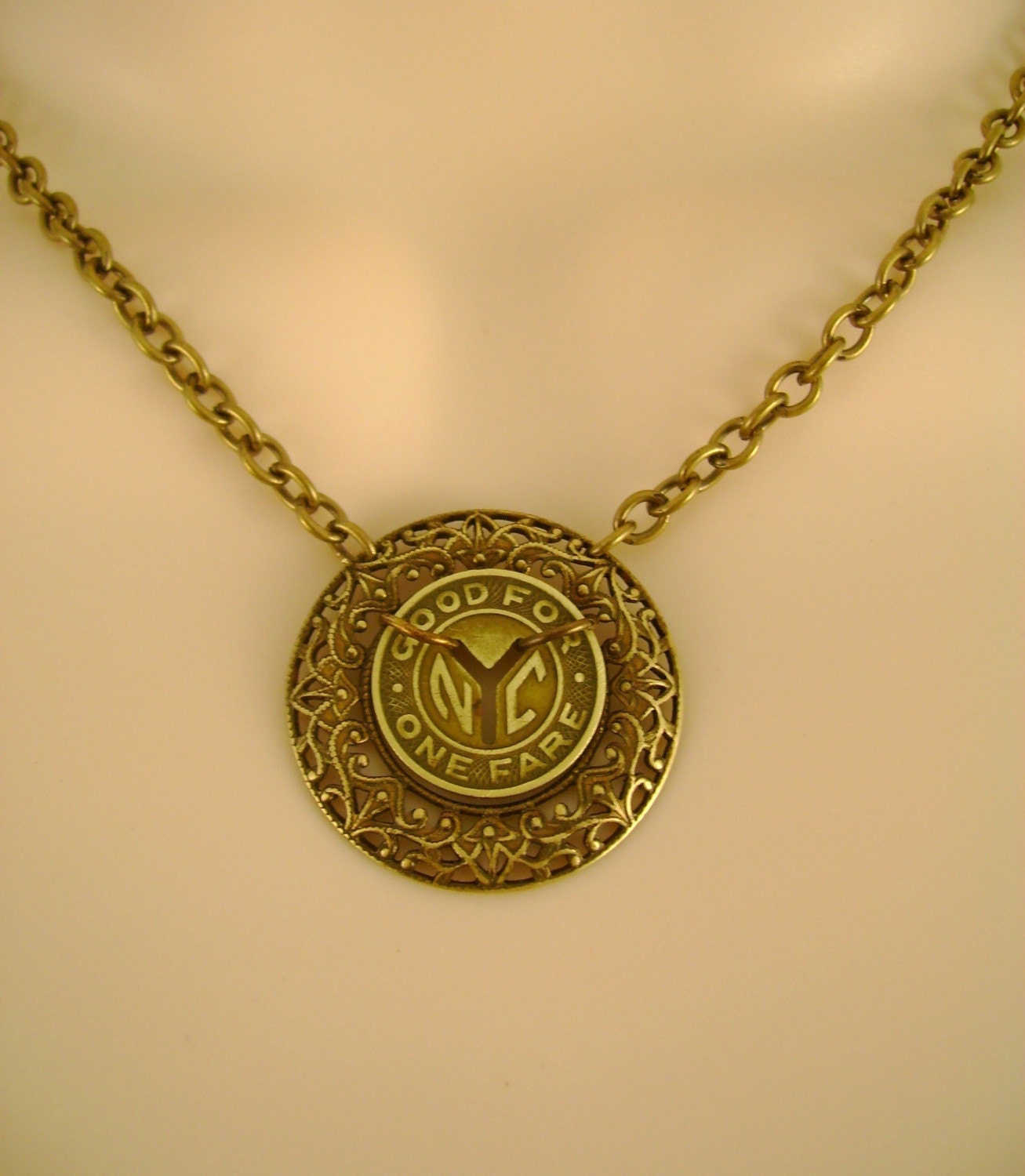 Julie and Julia Necklace - Vintage New York Subway Token and Filagree