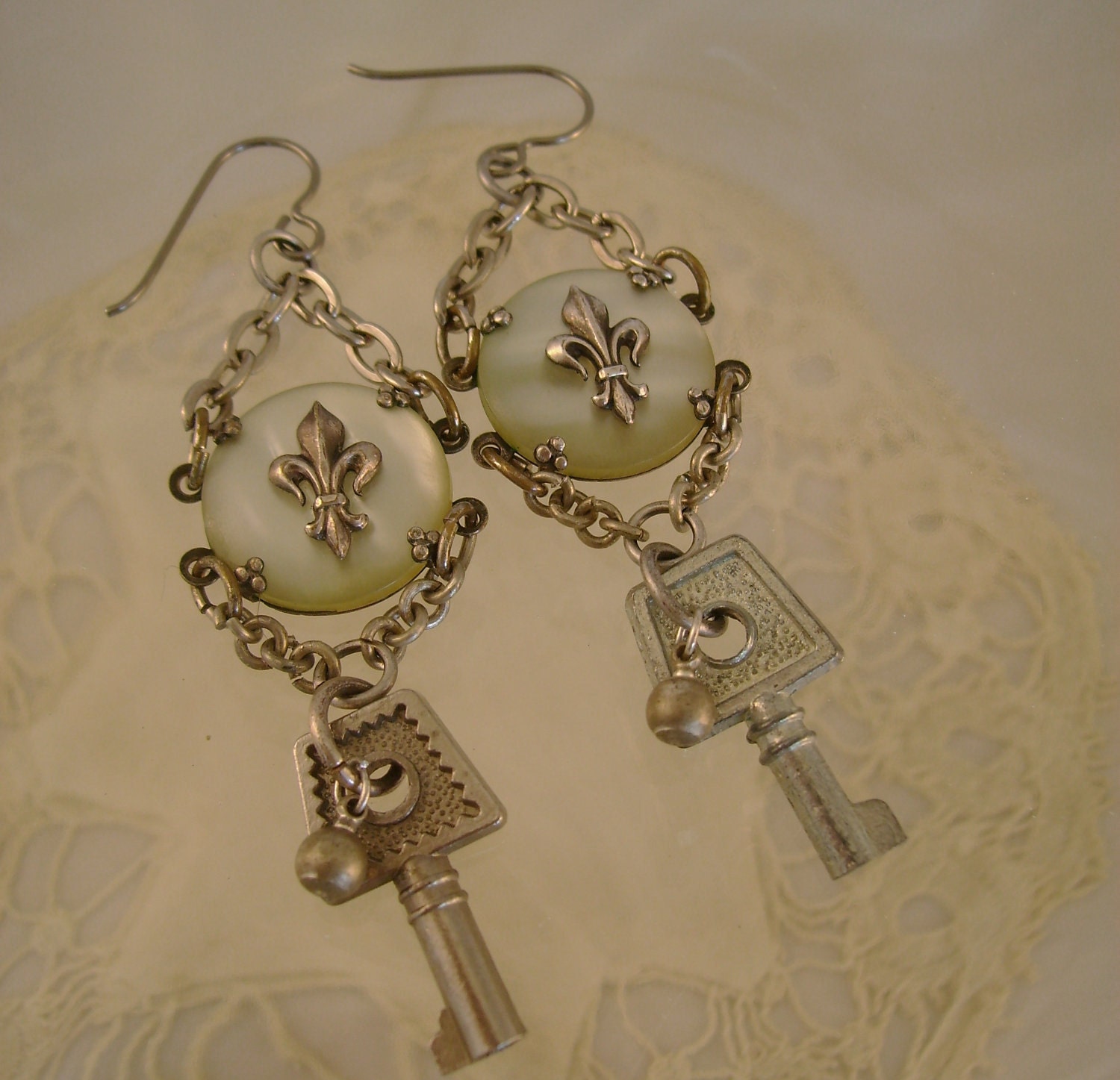Sashay By - Antique Mother of Pearl Sterling Silver Fleur De Lis and Keys Recycled Repurposed Earrings