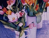 pink magenta orange purple lilac turquoise reproduction of original painting   TULIPS IN the LIGHT  floral flowers still life archival print