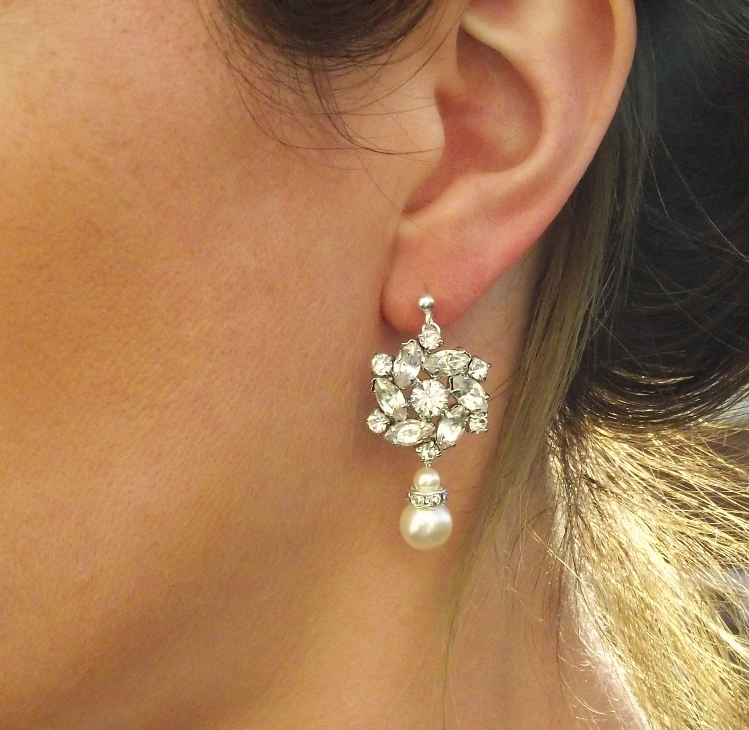 Vintage Style Rhinestone Earrings, Bridal Ivory Pearl Drop Earrings, MADELAINE