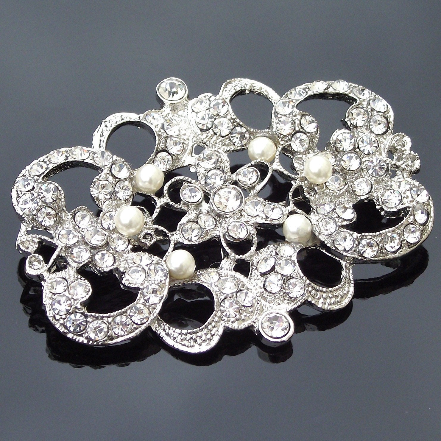 Victorian Style Rhinestone Brooch, Crystal & Swarovski Ivory Pearl Brooch, Vintage Style Brooch, JOAN P