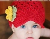 Baby Hat, Girls Hat, Crochet Hat, 0-3 months Flower Beanie with Brim , red, celery, yellow, pink, Free US Shipping