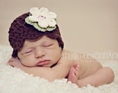 Baby Hat, Girls Hat, Crochet Hat, 3-6 month Shell Beanie with Flowers -chocolate, celery, soft ecru, pink, Free US Shipping