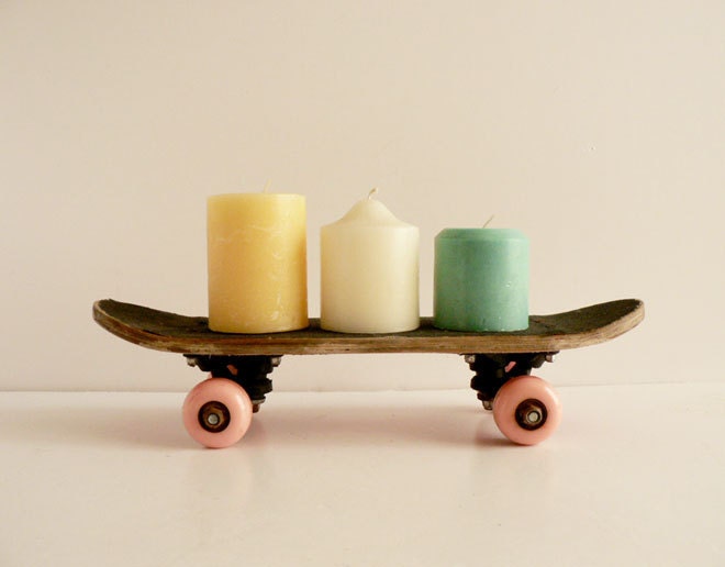 Wood Skate Board, Re-purposed Candle Holder