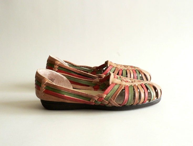 Women's Tan Woven Leather Huarache Flats, Size 8.5 W
