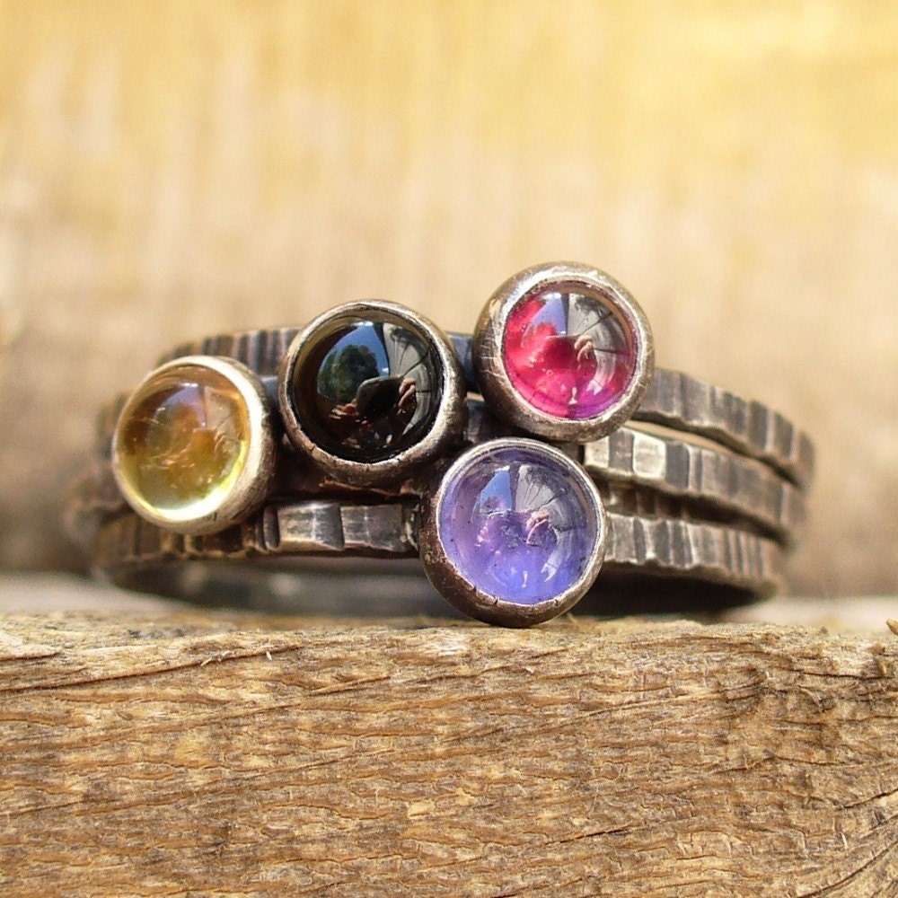 Candy Drops - Gemstone Stacking Set of 4 rings - Rustic - Blackened - Textured Dainty Bands - Citrine Black Onyx Garnet Iolite