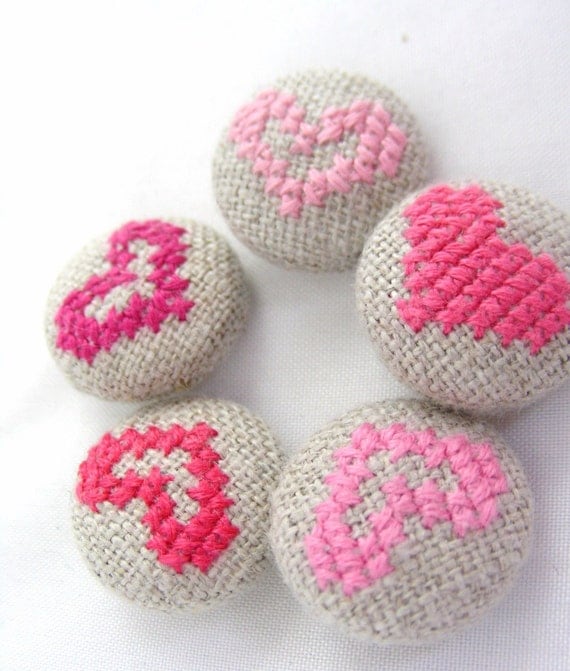 Pink Hearts - Hand Embroidered Buttons