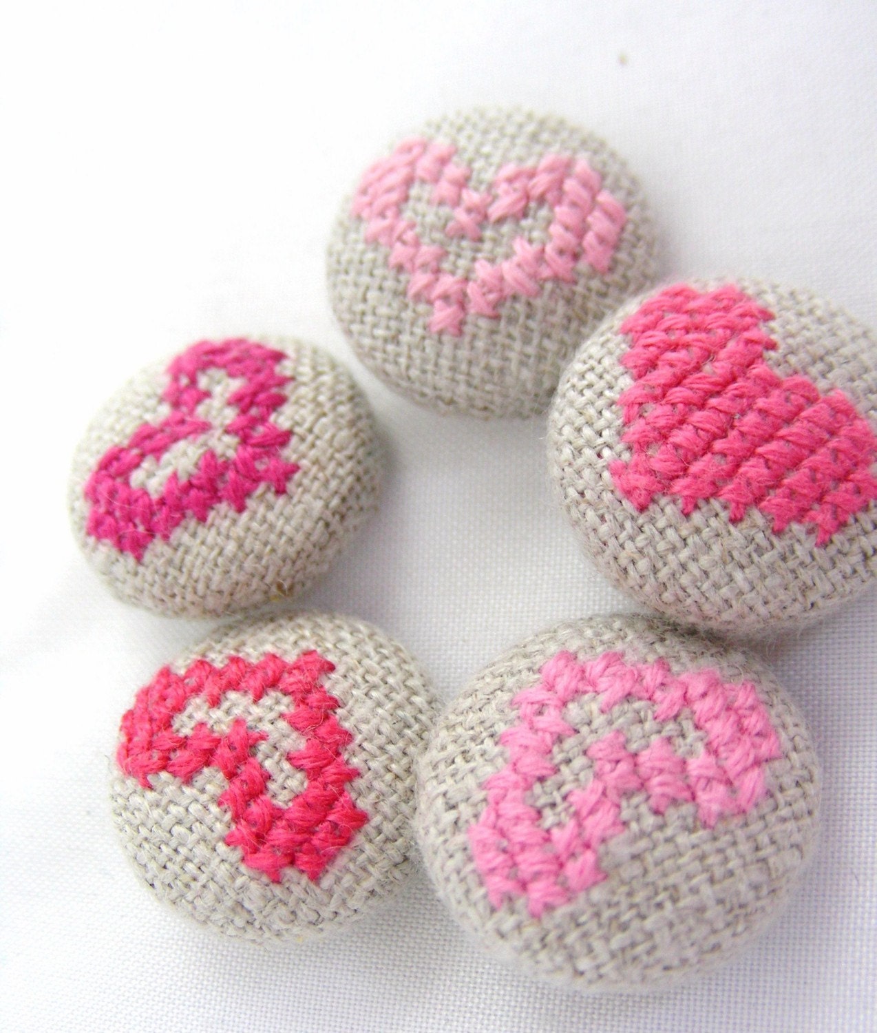 Pink Hearts - Hand Embroidered Buttons