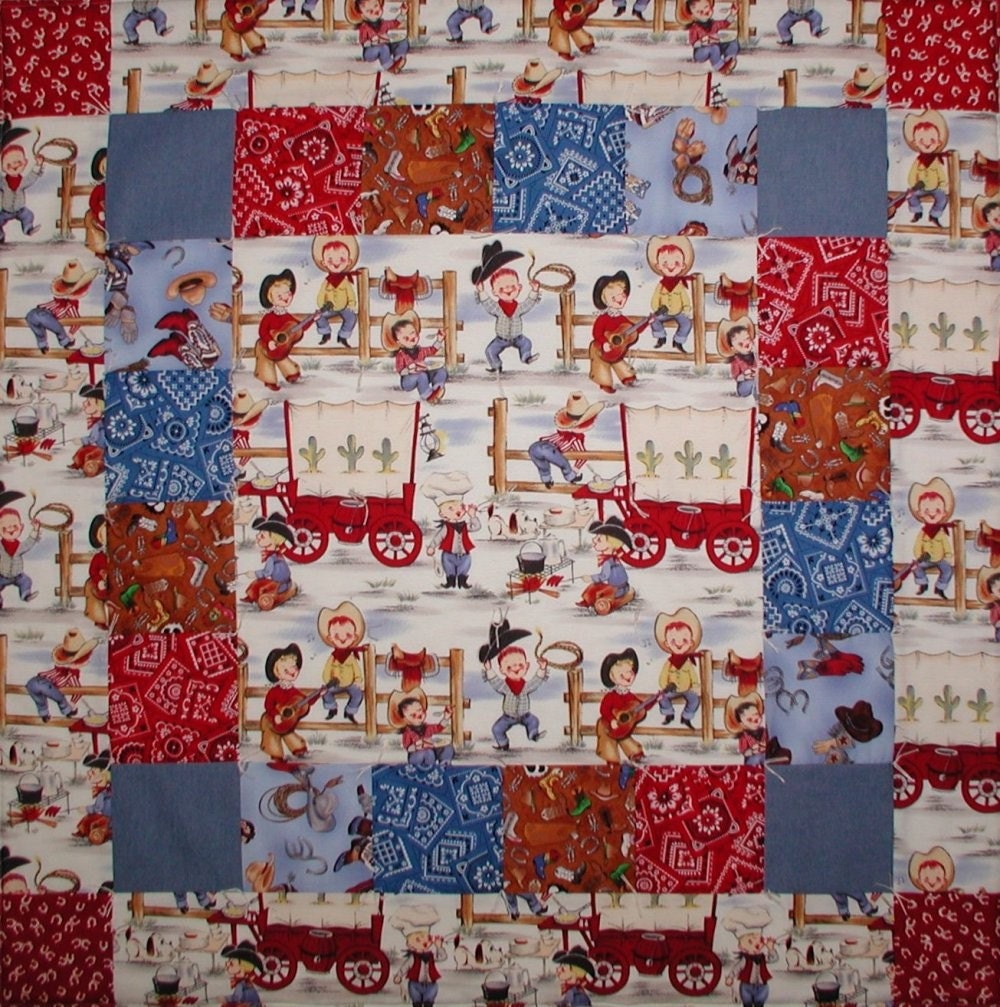 Cowboys Baby Quilt Western Boots Horseshoe Hat Red Bandana Blue Denim