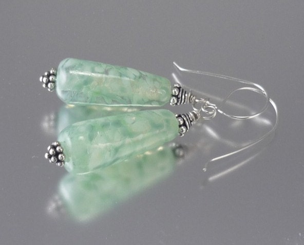 Soft Celadon Green Pastel Earrings Handmade Glass Lampwork Beads by Vivian - VivianLampwork
