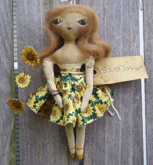 Primitive Folk Art Summer Sunflower Doll RESERVED for SavannahHopeVintage