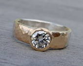Moissanite, Recycled 14k Yellow Gold, and Recycled Palladium Sterling Silver Wedding or Engagement Ring - Matte / Hammered, Made To Order