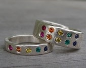 Set of Two Rainbow Rings - Commitment or Wedding Band Set - Ruby, Sapphire, Emerald, and Recycled Palladium Sterling Silver, Made to Order