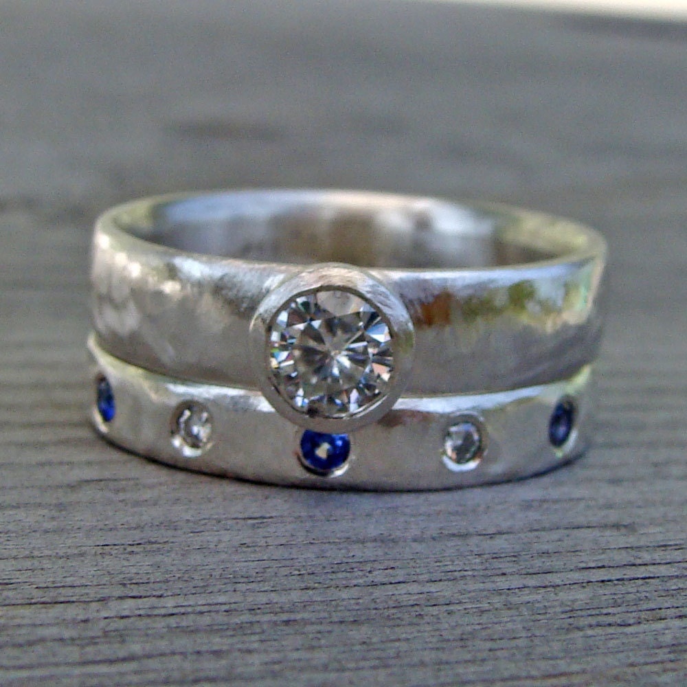 Moissanite, Sapphire, and Recycled Palladium Sterling Silver Wedding and Engagement Ring, Made To Order